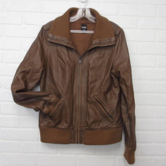 Simons Twik Cognac Faux Leather Ribbed Trim Full Zip Bomber Jacket Size Large - Picture 1 of 10